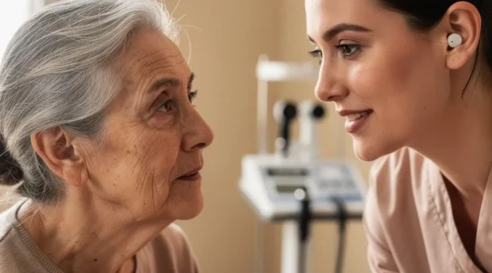 Audioprothésiste en consultation avec patient, matériel professionnel d'audiologie visible, atmosphère chaleureuse et rassurante