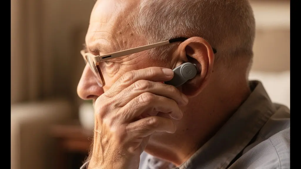 Personne âgée s'adaptant progressivement au port combiné de lunettes et d'appareils auditifs dans un environnement calme