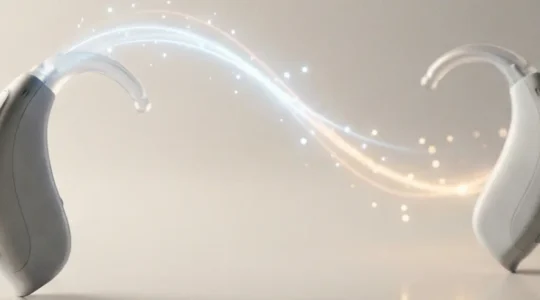 Appareil auditif moderne connecté en Bluetooth, transformé en écouteur intelligent, posé sur une surface claire avec un halo lumineux subtil