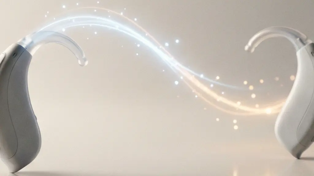 Appareil auditif moderne connecté en Bluetooth, transformé en écouteur intelligent, posé sur une surface claire avec un halo lumineux subtil