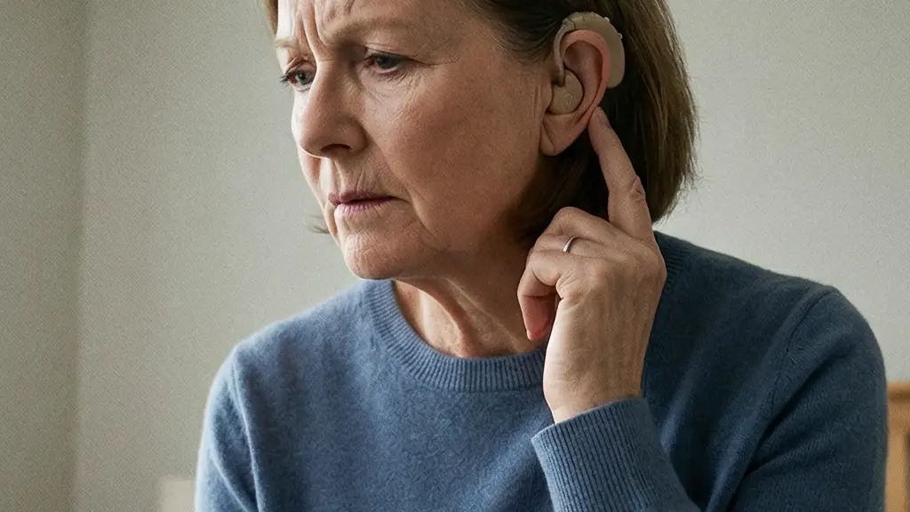 Une personne assise sur le bord du lit au petit matin touche son appareil auditif, l’air inquiet, dans une chambre calme et sans éléments lisibles.