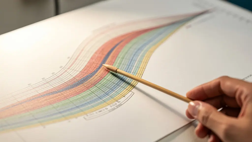 Gros plan sur un audiogramme coloré montrant la zone de la banane vocale avec une main d'audioprothésiste pointant les courbes