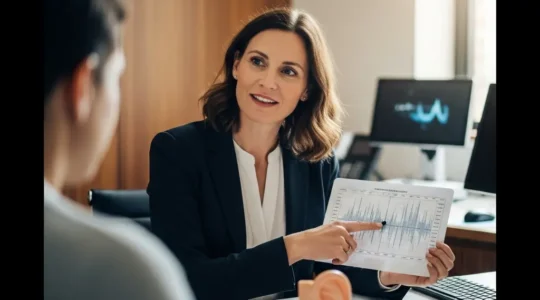 Plan moyen d'un audioprothésiste bienveillant expliquant un audiogramme à un patient dans un cabinet moderne et chaleureux.