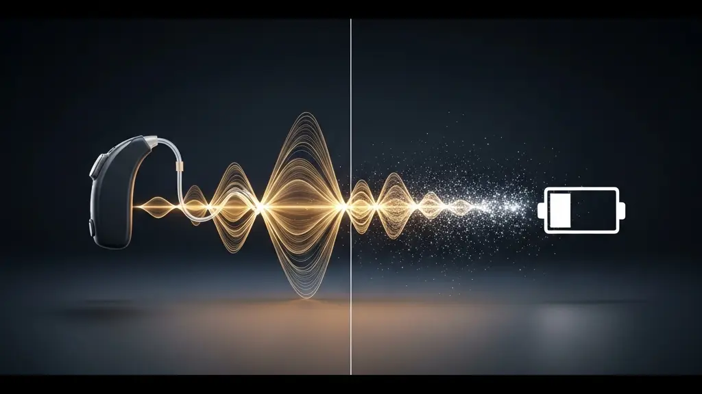 Illustration de l'impact du streaming sur l'autonomie des appareils auditifs symbolisé par une onde se transformant en particules de lumière.