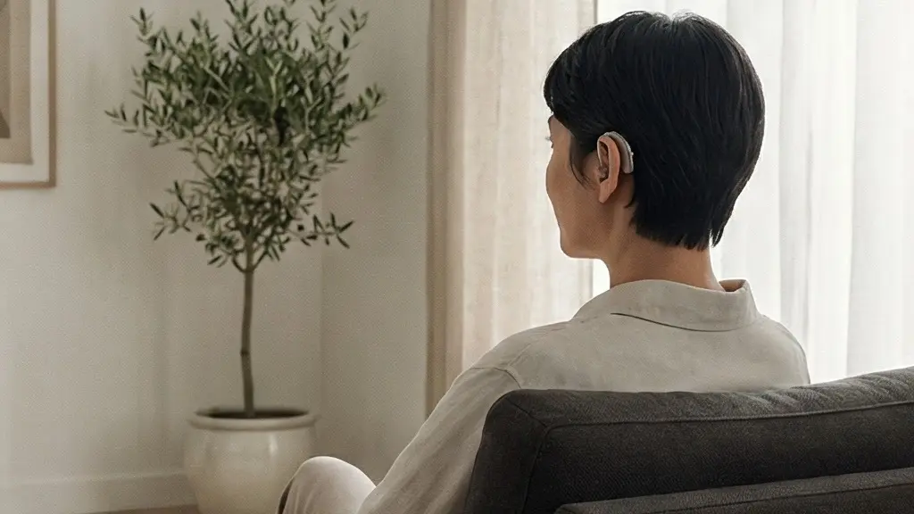 Plan large minimaliste d’une personne portant des aides auditives micro-contour dans un intérieur calme, suggérant la connexion audio sans fil sans montrer d’écran.