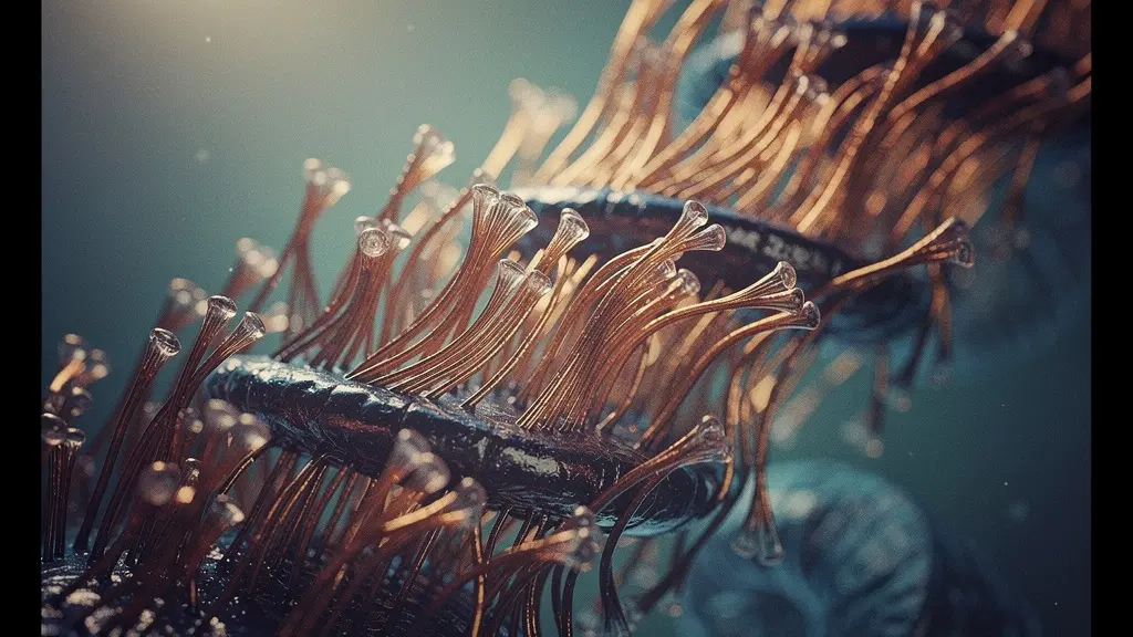 Macro photographie artistique montrant l'intérieur de la cochlée avec ses cellules ciliées fragiles et complexes