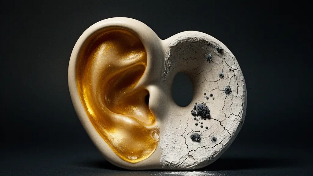 Composition symbolique montrant un fin film doré protecteur sur une surface organique texturée, métaphore visuelle du rôle protecteur du cérumen dans le conduit auditif