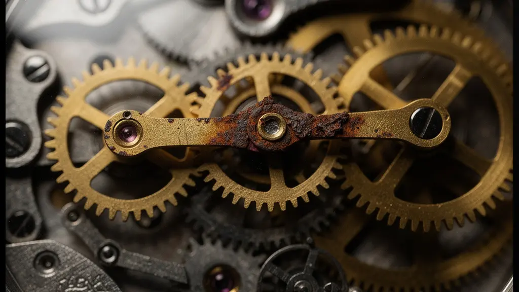Photographie macro d'un mécanisme d'horlogerie de précision, métaphore de la chaîne des osselets de l'oreille moyenne