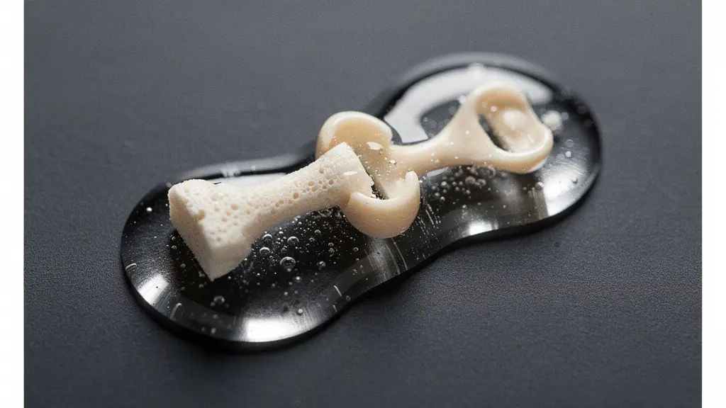 Macro d'une chaîne de trois petits éléments évoquant les osselets, partiellement englués dans un gel translucide, illustrant l'amortissement des vibrations par un liquide.