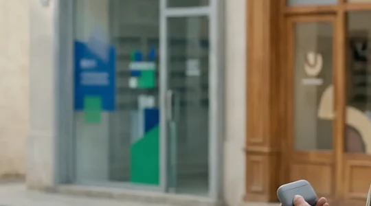 Une personne tient un boitier d'appareils auditifs et hesite a l'entree de trois lieux de soins auditifs differents, sans aucune enseigne lisible.