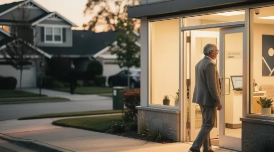 Une personne portant un appareil auditif marche dans une rue calme vers un centre de santé de quartier, avec un grand espace vide pour le titre.