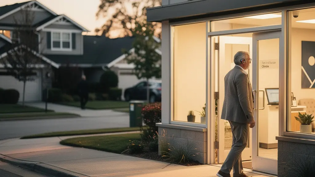 Une personne portant un appareil auditif marche dans une rue calme vers un centre de santé de quartier, avec un grand espace vide pour le titre.