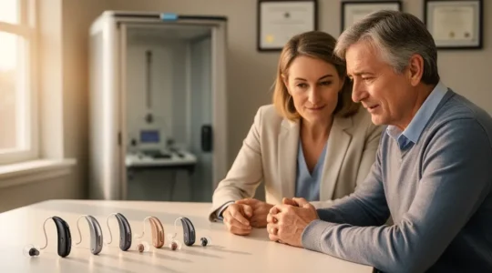 Consultation audioprothésiste moderne avec patient et technologies auditives avancées