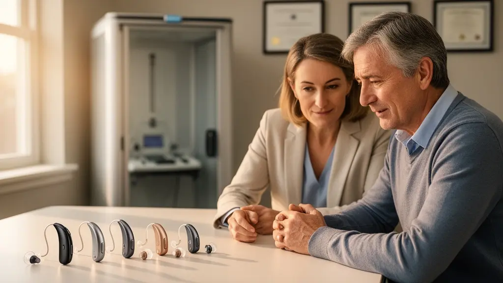 Consultation audioprothésiste moderne avec patient et technologies auditives avancées