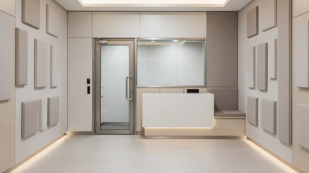 Vue large et épurée de l'intérieur d'un centre auditif moderne, montrant une cabine insonorisée vide.