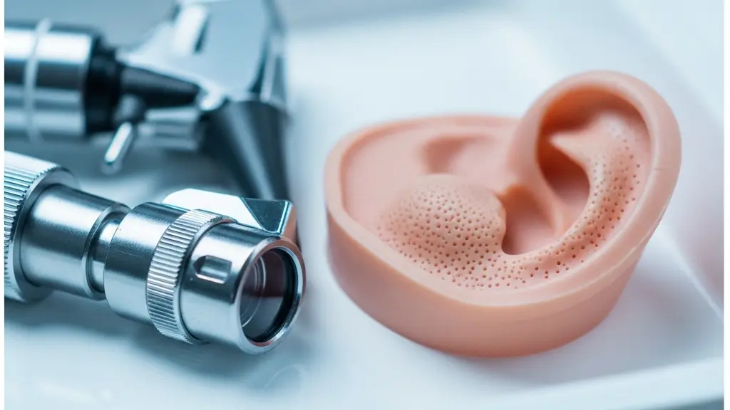 Plan de détail artistique montrant un otoscope médical posé sur un bureau à côté d'une empreinte d'oreille, symbolisant le lien médical.