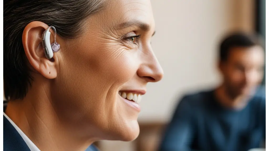 Portrait profil montrant une oreille avec un appareil auditif moderne au design assumé