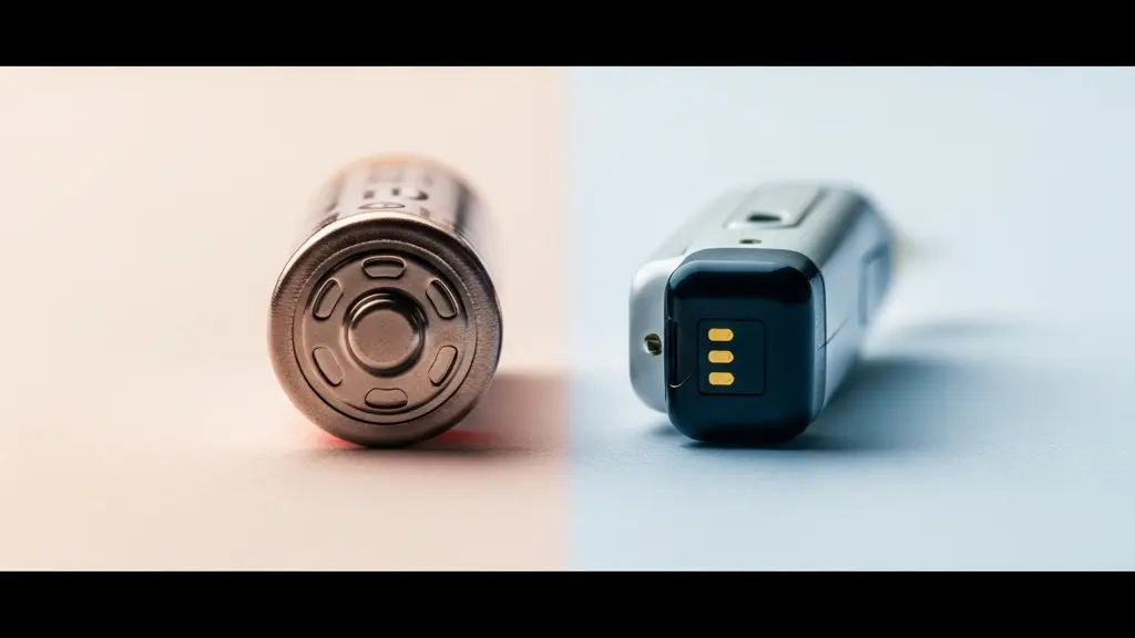 Vue macro d'une pile zinc-air taille 10 à côté d'un appareil auditif rechargeable miniature