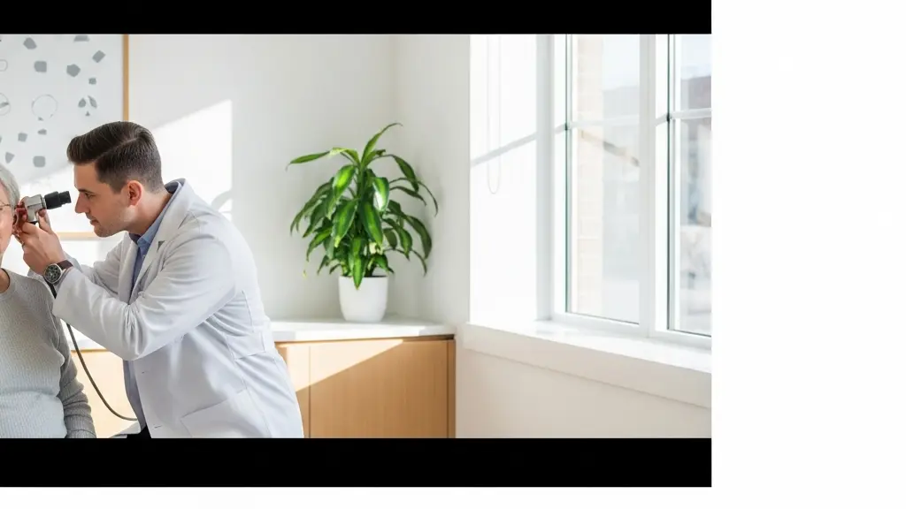 Vue environnementale minimaliste d'un audioprothésiste examinant délicatement l'oreille d'un patient dans un cabinet clair et épuré, évoquant la précision de l'adaptation anatomique.