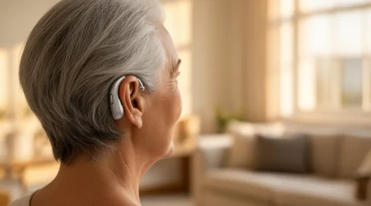 Appareil auditif contour d'oreille BTE posé délicatement derrière l'oreille d'une personne âgée, éclairage naturel doux évoquant la fiabilité et le confort quotidien.