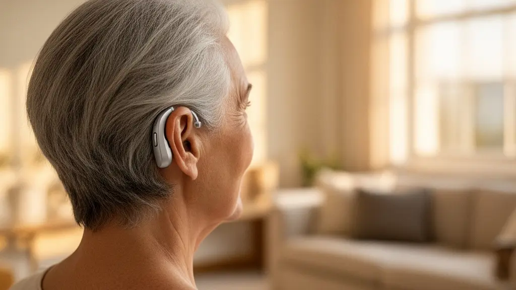 Appareil auditif contour d'oreille BTE posé délicatement derrière l'oreille d'une personne âgée, éclairage naturel doux évoquant la fiabilité et le confort quotidien.