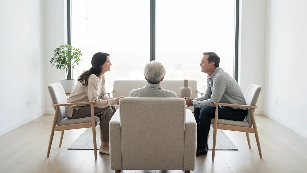 Discussion familiale dans un salon épuré avec une personne âgée au centre de l'attention