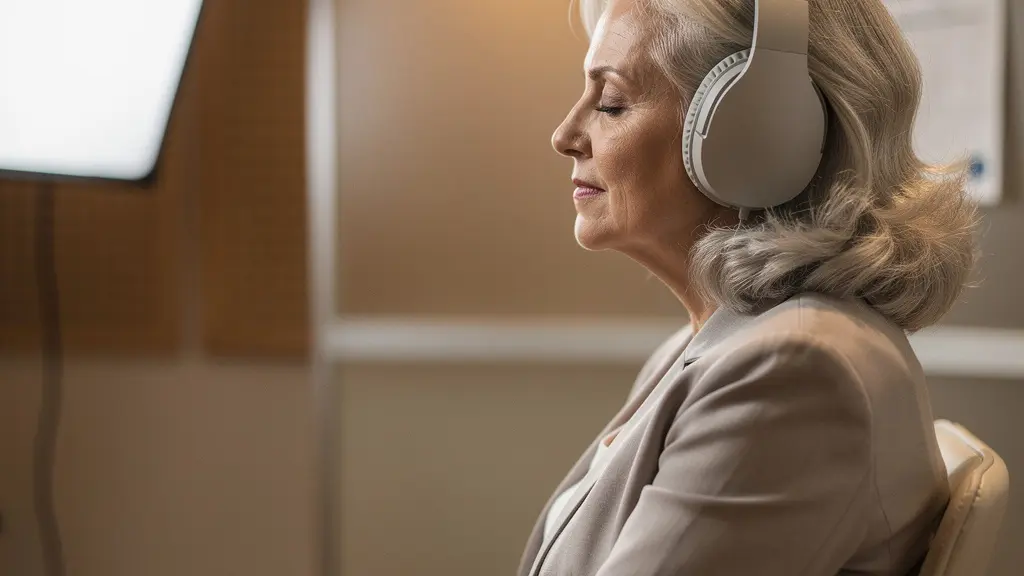 Intérieur épuré d'une cabine d'audiométrie professionnelle avec un casque posé sur un support, évoquant le diagnostic médical de l'audition