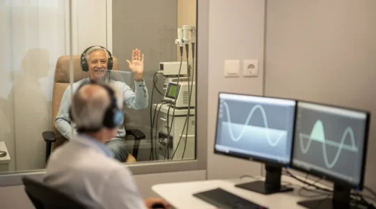 Cabinet d'audioprothésiste moderne avec patient senior souriant et professionnel de santé pendant un test auditif dans une ambiance apaisante