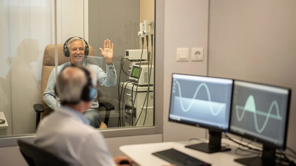 Cabinet d'audioprothésiste moderne avec patient senior souriant et professionnel de santé pendant un test auditif dans une ambiance apaisante