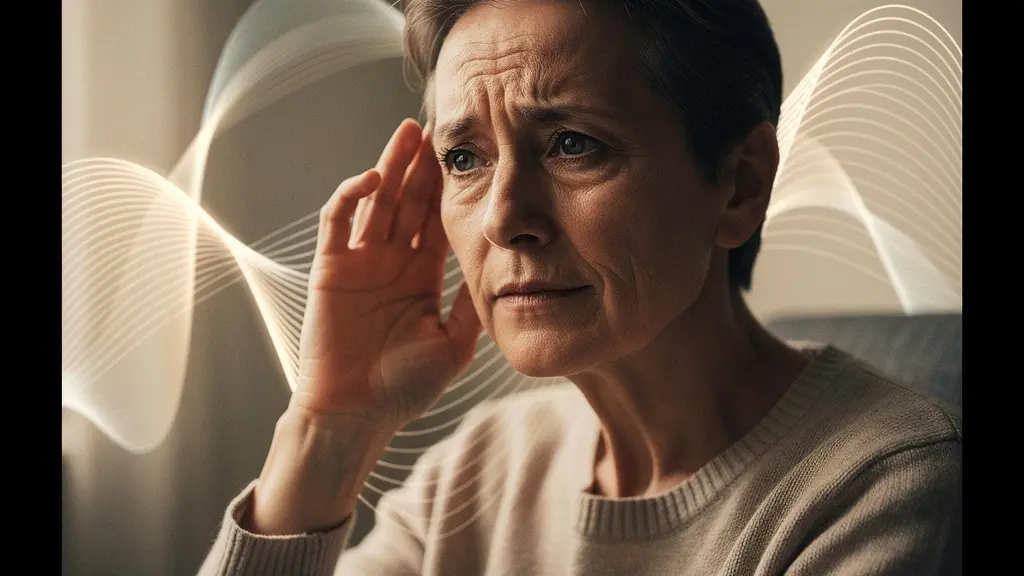 Personne attentive touchant délicatement son oreille dans un environnement sonore complexe, symbolisant l'écoute active et la détection des premiers signes de perte auditive