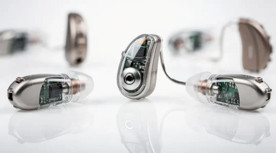 Appareils auditifs miniatures avec technologies avancées posés sur une surface réfléchissante