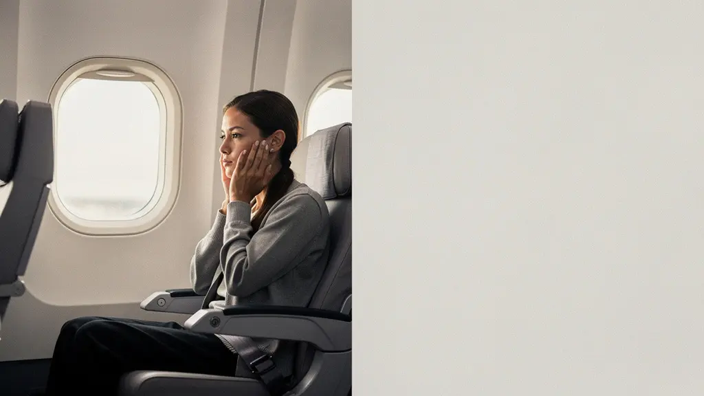 Dans une cabine d'avion, un passager se touche doucement l'oreille près du hublot, suggérant une gêne liée aux variations de pression.