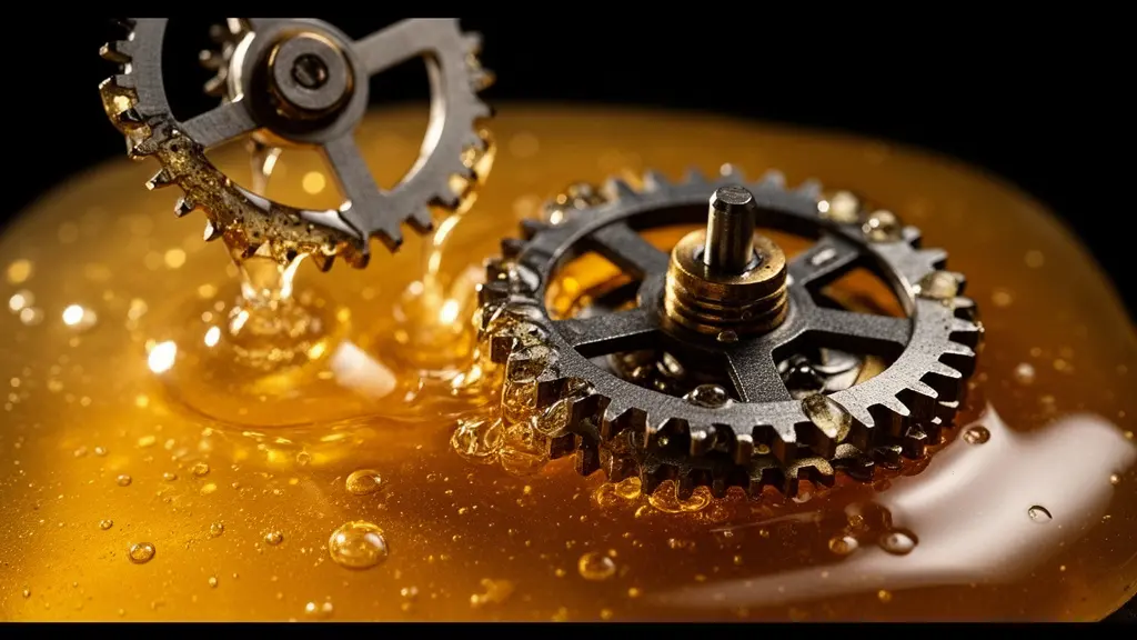 Visualisation de l'effet du liquide sur la mobilité des osselets, illustré par des rouages mécaniques pris dans du miel.