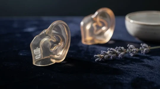 Embout auditif sur-mesure translucide posé délicatement sur un coussin de velours sombre, baigné d'une lumière douce naturelle évoquant la précision et le confort personnalisé.