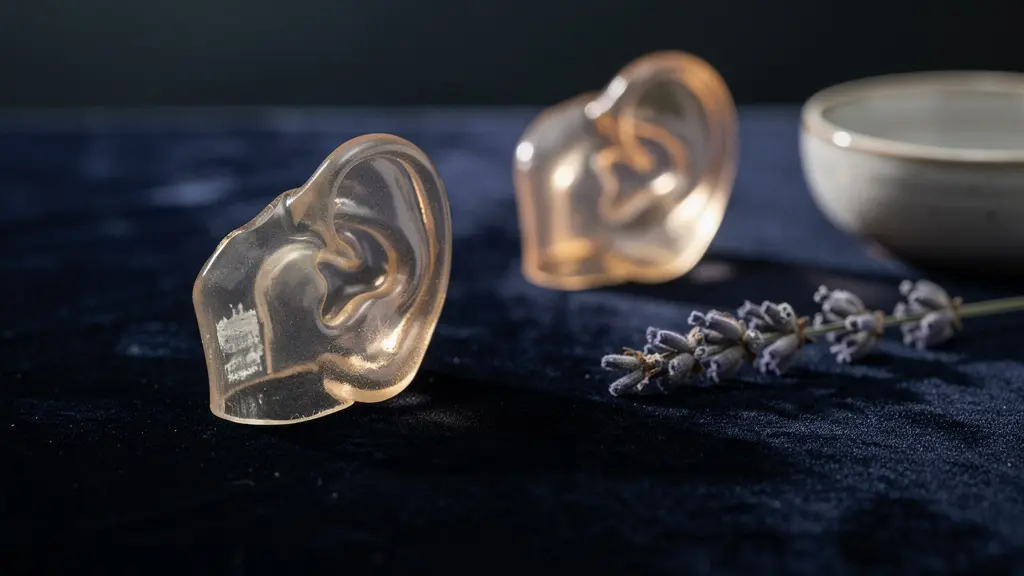 Embout auditif sur-mesure translucide posé délicatement sur un coussin de velours sombre, baigné d'une lumière douce naturelle évoquant la précision et le confort personnalisé.