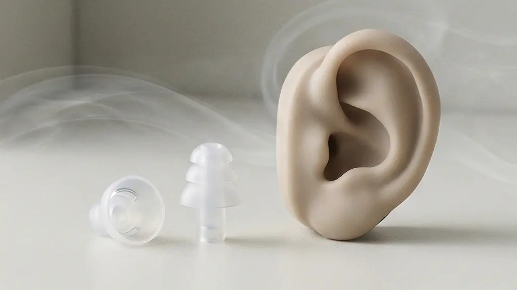 Deux embouts (ouvert et plus occlusif) posés dans un décor minimaliste, illustrant le compromis entre ventilation et isolation sonore.