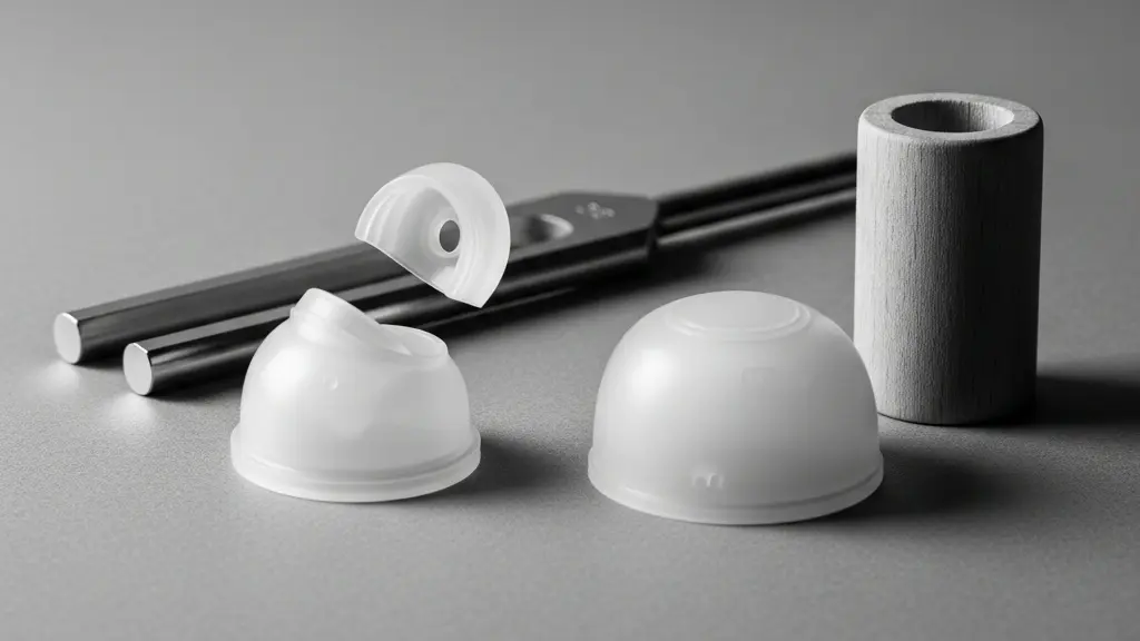 Nature morte montrant deux dômes d’embouts d’aide auditive (ouvert et fermé) près d’un diapason, pour illustrer l’effet d’occlusion sur la voix.