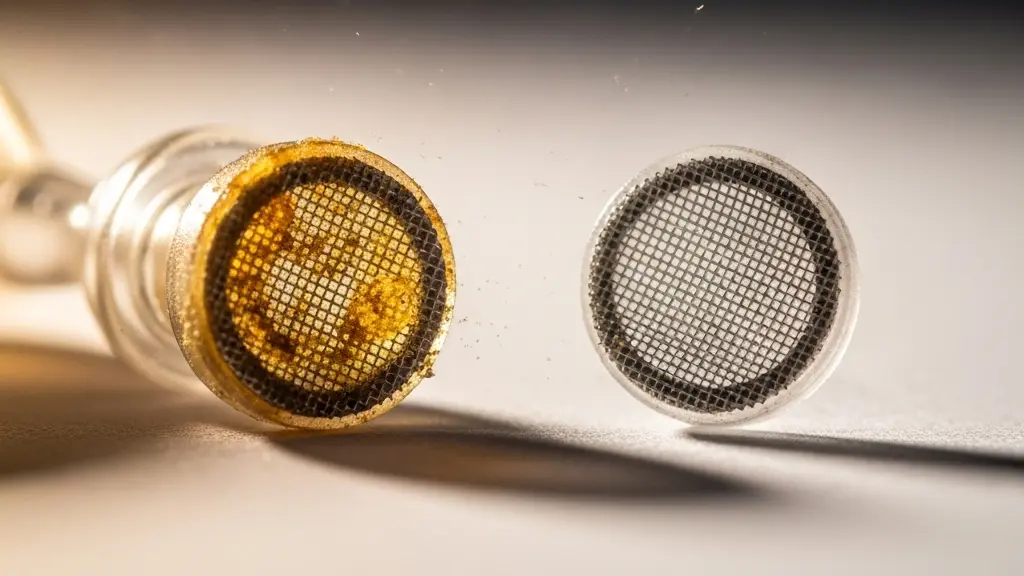 Vue macro extreme d'un filtre pare-cerumen d'appareil auditif obstrue par des residus, illustrant l'importance de l'entretien regulier pour eviter les pannes couteuses