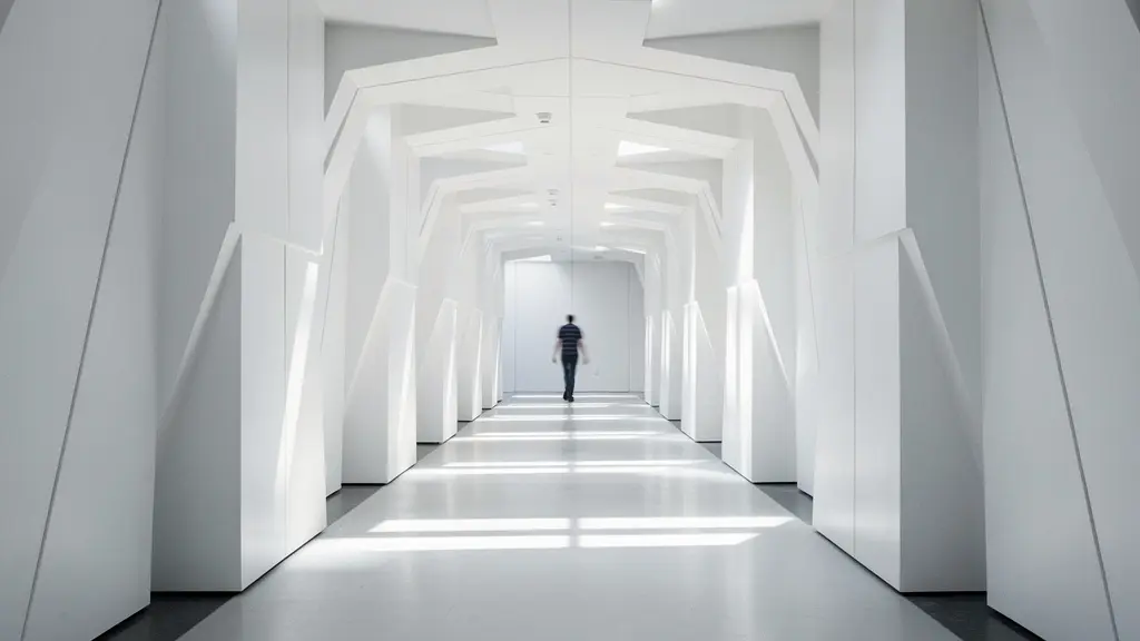 Vue large d'un espace architectural épuré suggérant la désorientation spatiale vécue lors de troubles vestibulaires