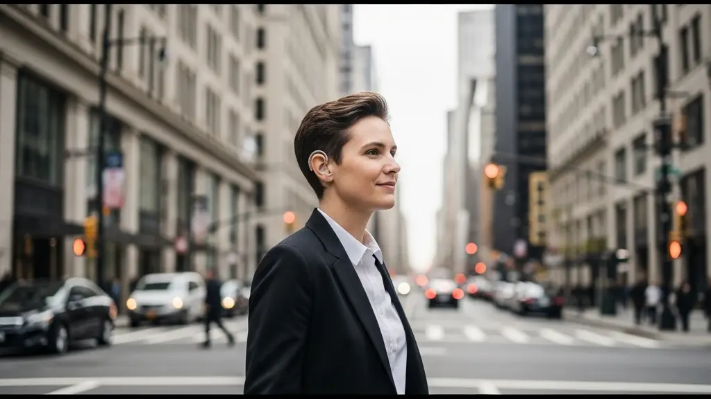 Personne portant discrètement un appareil auditif dans un environnement urbain animé