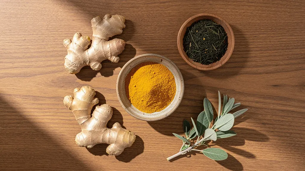 Composition minimaliste d'aliments anti-inflammatoires sur table en bois