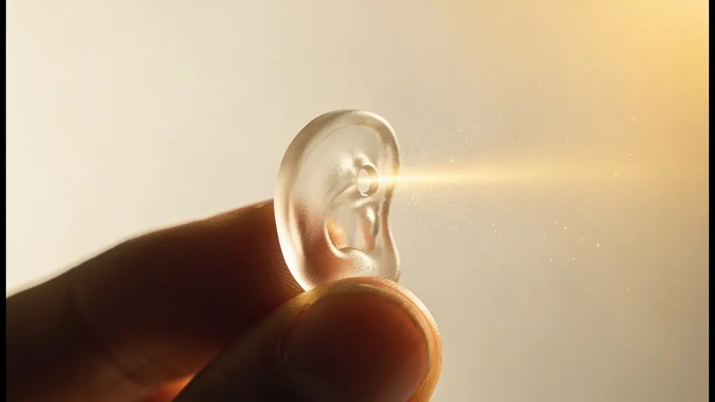 Représentation symbolique d'un embout auditif sur fond clair avec un rayon de lumière traversant un petit orifice d'aération, évoquant la circulation de l'air dans le conduit auditif.