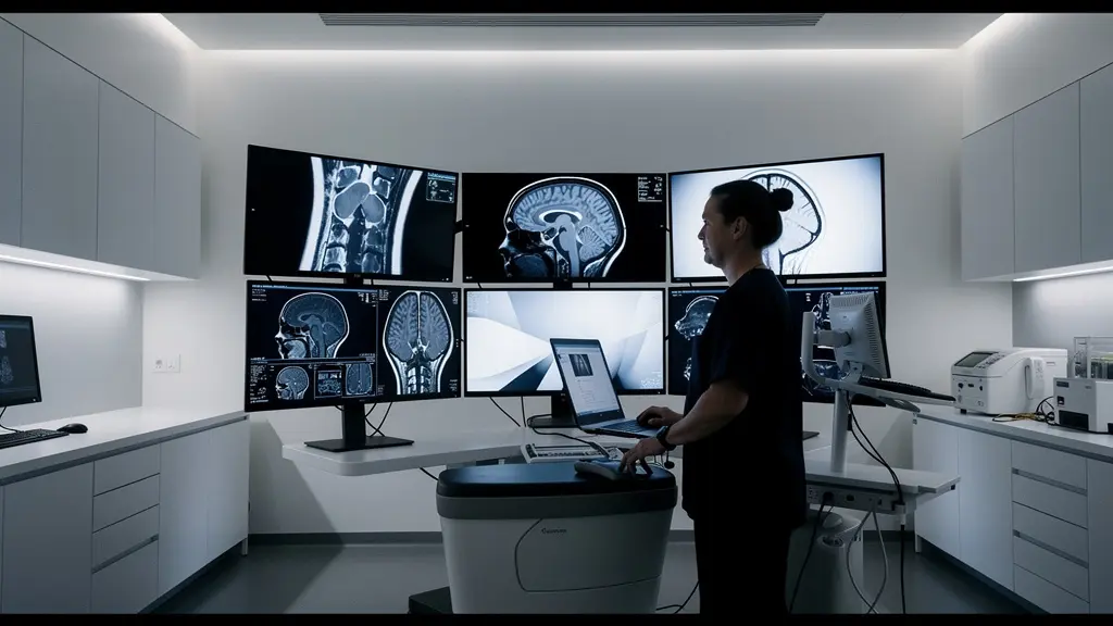 Médecin analysant des images IRM temporales pour diagnostic d'une surdité unilatérale