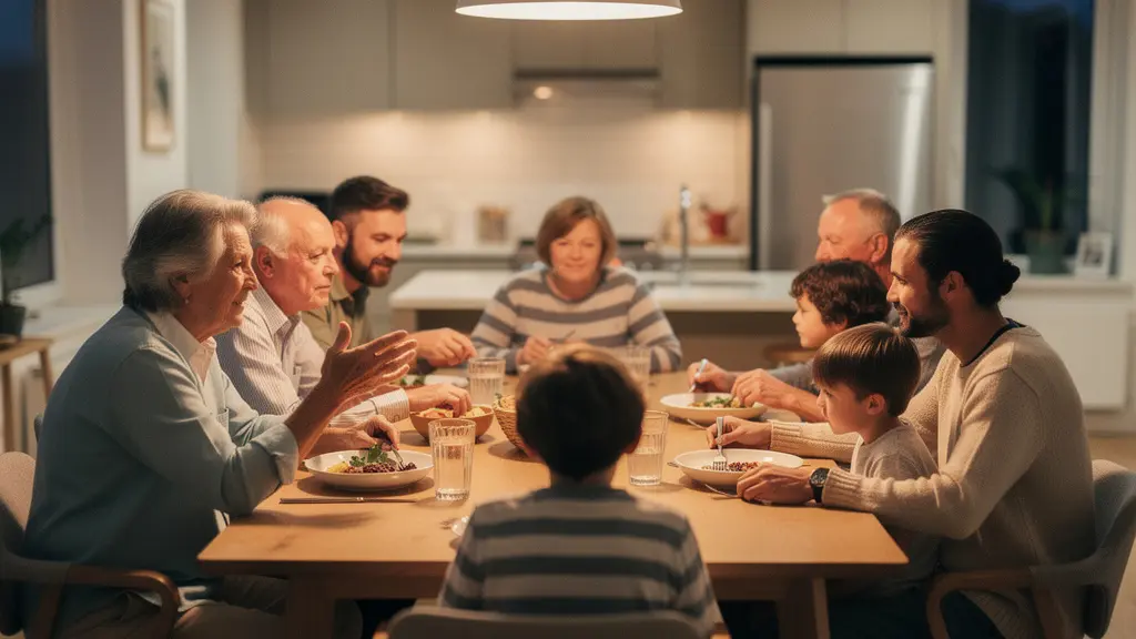 Famille multigénérationnelle autour d'une table dans une ambiance chaleureuse avec focus sur les interactions positives