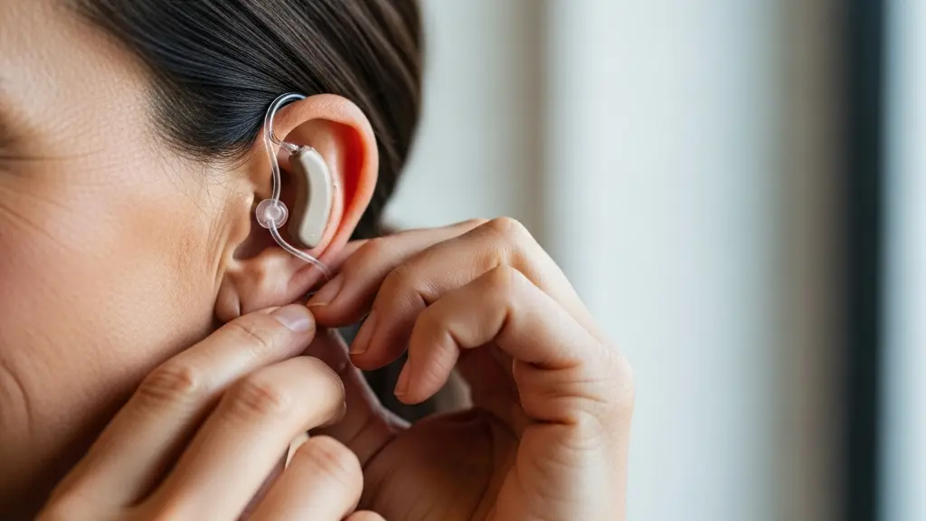 Portrait réaliste d’une personne ajustant un appareil auditif discret, avec un focus sur l’oreille et la zone du conduit auditif.