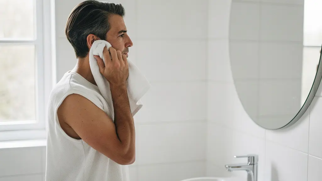 Personne nettoyant délicatement le pavillon de son oreille avec une serviette blanche, geste d'hygiène auriculaire minimaliste recommandé