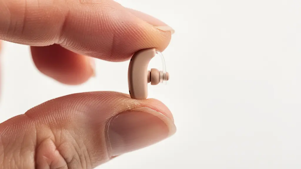 Main tenant délicatement un appareil auditif intra-auriculaire invisible entre le pouce et l'index