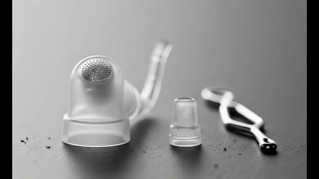 Macro d’un filtre pare-cérumen et d’un outil de remplacement à côté d’un écouteur RIC, sur une surface neutre et propre.