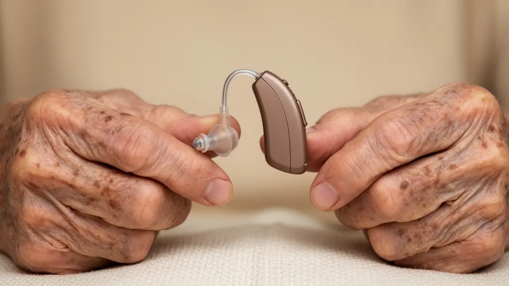 Gros plan sur des mains âgées manipulant un appareil auditif contour d'oreille, illustrant la facilité de préhension malgré l'arthrose des doigts.