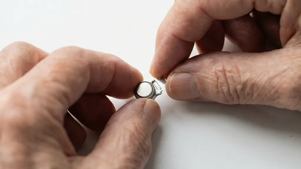 Mains âgées manipulant avec précaution un minuscule tiroir pile d'appareil auditif